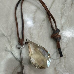 Brown Leather Necklace with Crystal Pendant and Key